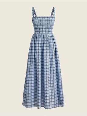 J.Crew Smocked Textured Plaid Apron Midi Dress Medium Blue Cottagecore